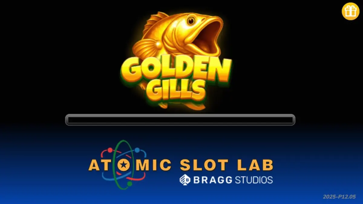 Cenário sereno de um lago com equipamentos de pesca e símbolos dourados no slot Golden Gills