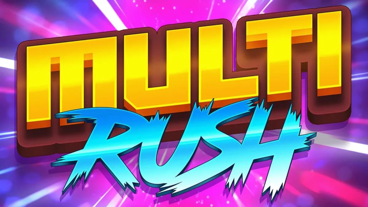 Interface vibrante e neon do slot Multi Rush com símbolos de frutas e números 7