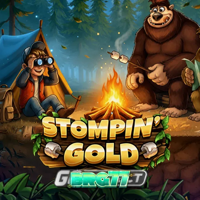 Cena da floresta com o tema de expedição do slot Stompin’ Gold
