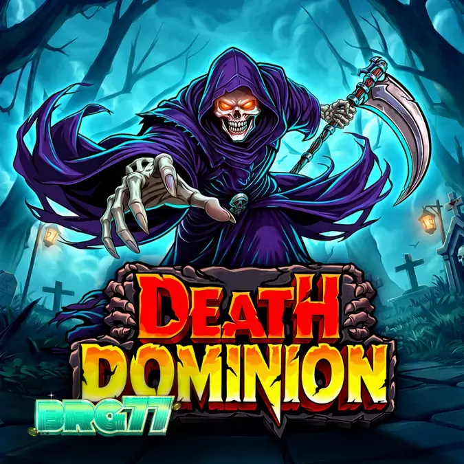 Cena sombria do slot Death Dominion com o Grim Reaper ao fundo